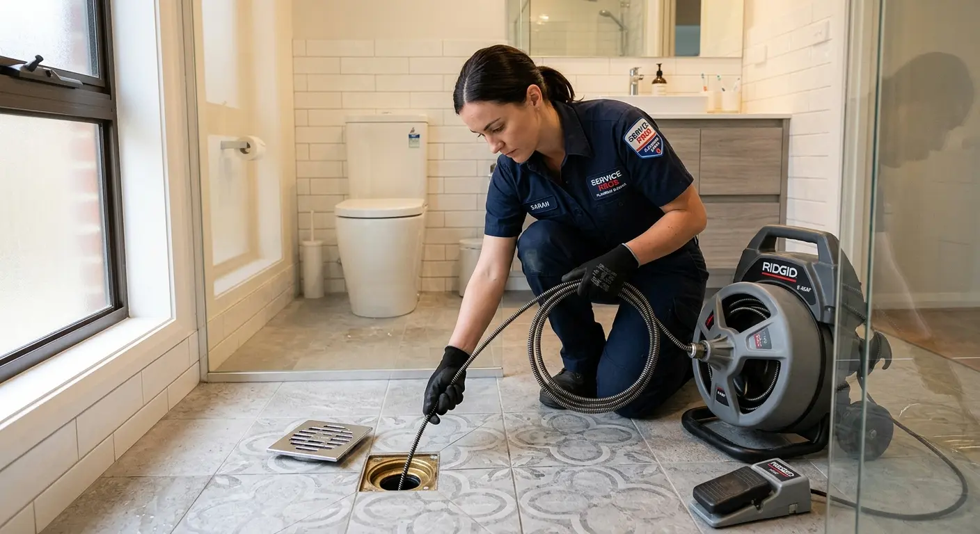Technician clearing a bathroom floor drain for Drain Repair in Westmont